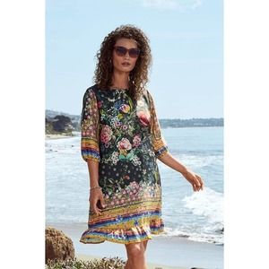 Johnny Was Naomi Wren Dress silk printed floral ruffle flutter boho flowy XL